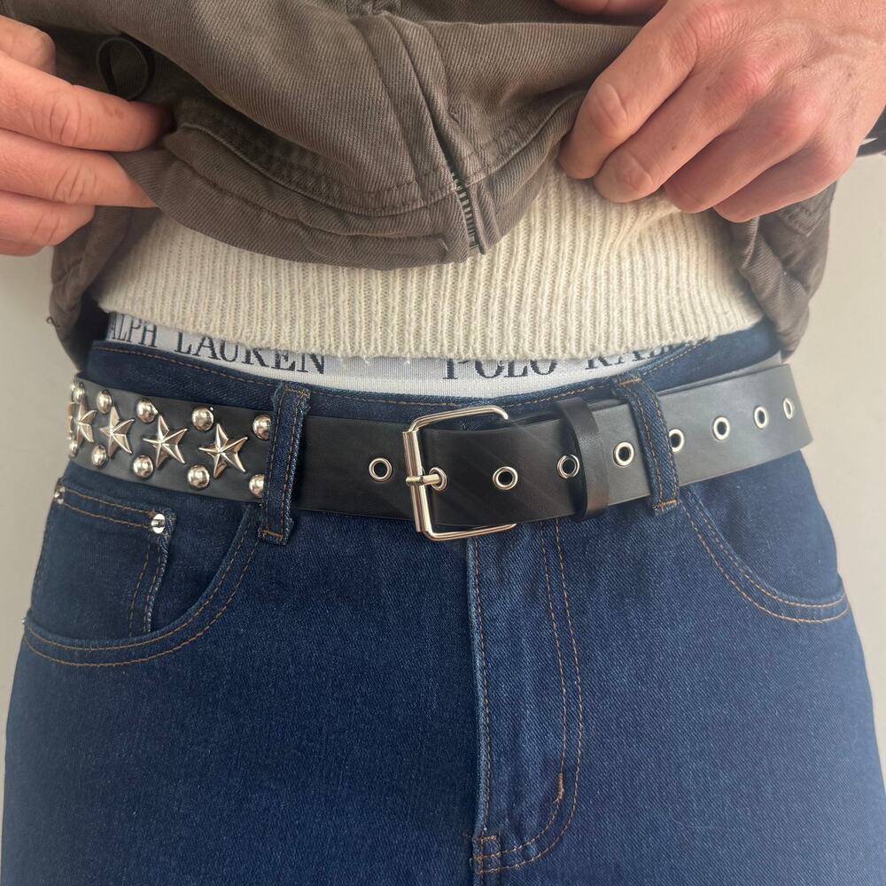 Y2K Black Silver Star Studded Belt Unisex Goth Emo Style 44" Long - Picture 4 of 16